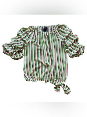 Coco Bianco Striped Off Shoulder Blouse Romantic Puff Sleeve Tie Front Coastal L